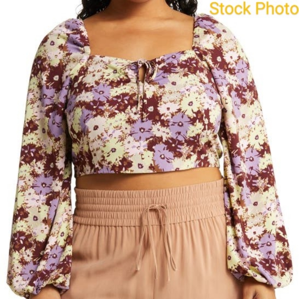 OΡΕN EDIT Ruched Keyhole Blouse In Brown Toffee Dense Floral XS